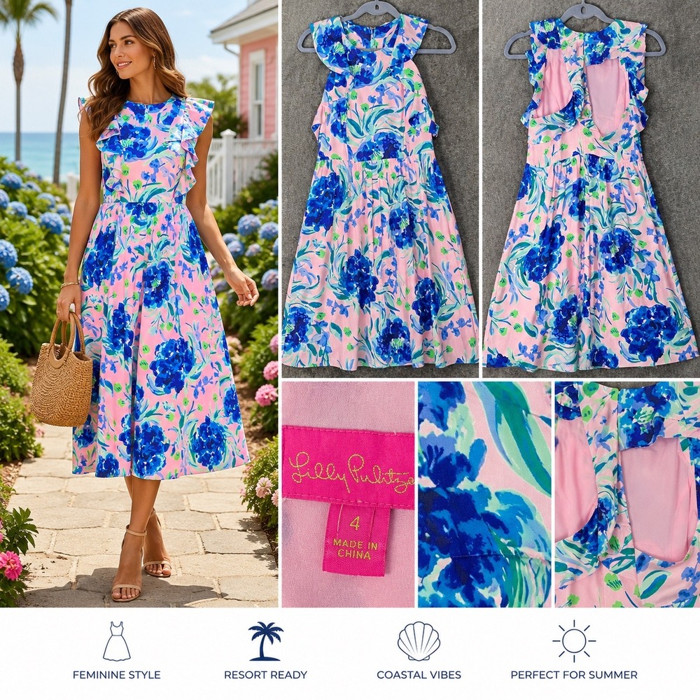 Lilly Pulitzer Womens Size 4 Pink Blue Floral Ruffle Sleeve Summer Midi Dress